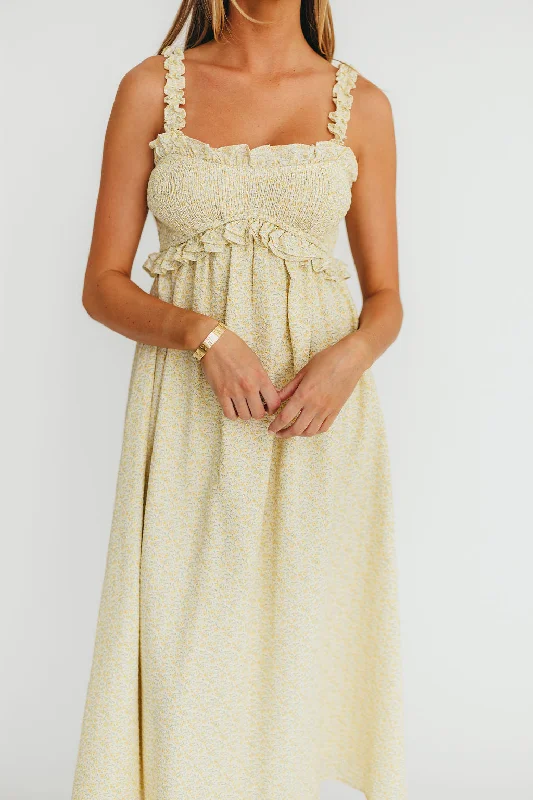 Midi dresses with sheer panels for a touch of allure Raya Ruffle Trim Midi Dress in Yellow Floral Midi dresses with sheer panels for a touch of allure Raya Ruffle Trim Midi Dress in Yellow Floral