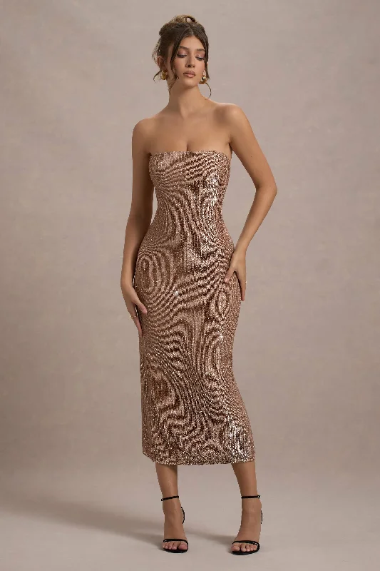 Midi dresses with puff sleeves for a vintage - inspired look Lilabelle | Rose Gold Plisse Sequin Bandeau Midi Dress Midi dresses with puff sleeves for a vintage - inspired look Lilabelle | Rose Gold Plisse Sequin Bandeau Midi Dress