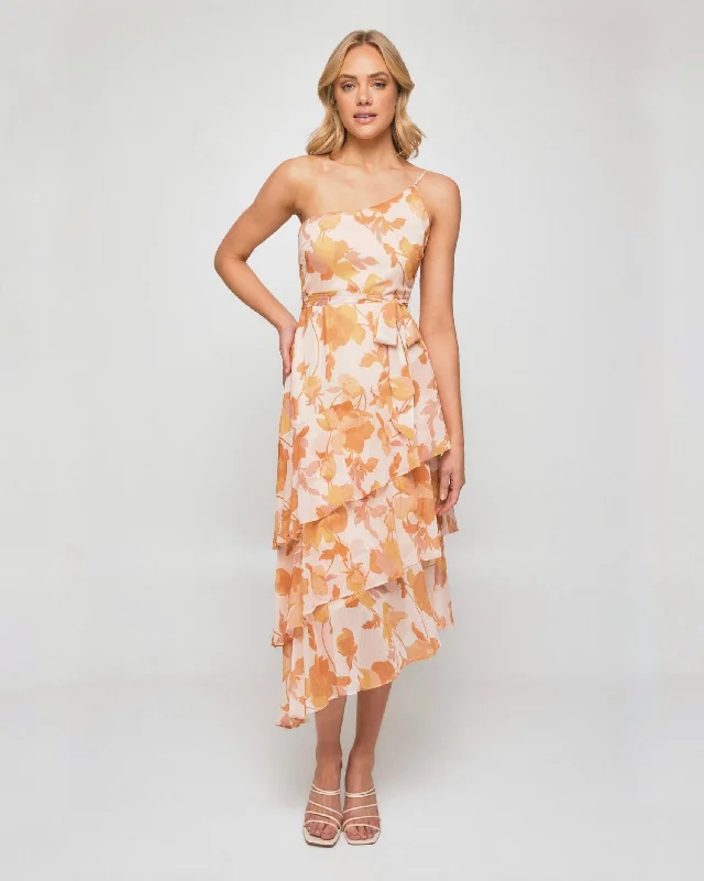 Plaid midi dresses for a fall - themed family gathering SARAH MIDI DRESS -ORANGE FLORAL