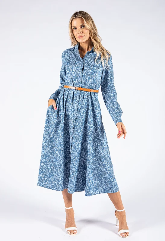 Midi dresses with denim fabric for a casual yet stylish day out Paisley Print Long Sleeve Denim Dress