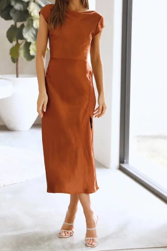 A - line midi dresses with floral prints for spring brunches Satin Cowl Neck Twisted-back Slit Dress A - line midi dresses with floral prints for spring brunches Satin Cowl Neck Twisted-back Slit Dress