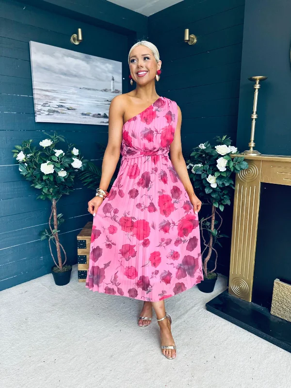 Midi dresses with button - front designs for a classic touch Kimberly One Shoulder Midi Dress Pink Midi dresses with button - front designs for a classic touch Kimberly One Shoulder Midi Dress Pink