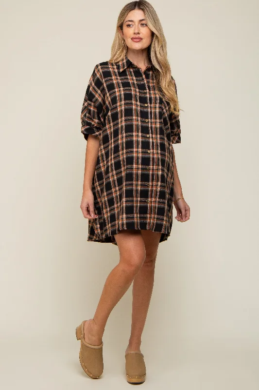 Mini dresses with asymmetric hems for a fashion - forward look Black Plaid Oversized Maternity Mini Dress Mini dresses with asymmetric hems for a fashion - forward look Black Plaid Oversized Maternity Mini Dress