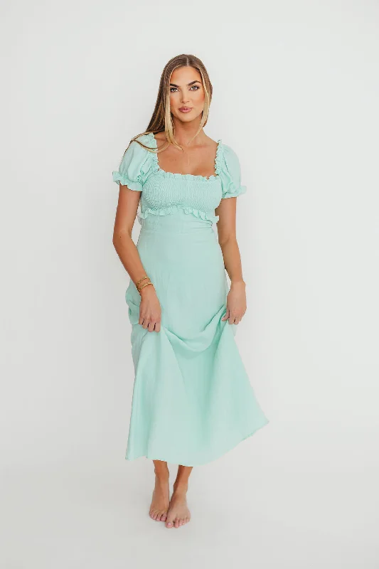 High - low midi dresses with geometric patterns for a modern party Penny Puff Sleeve Ruffle Midi Dress in Mint High - low midi dresses with geometric patterns for a modern party Penny Puff Sleeve Ruffle Midi Dress in Mint