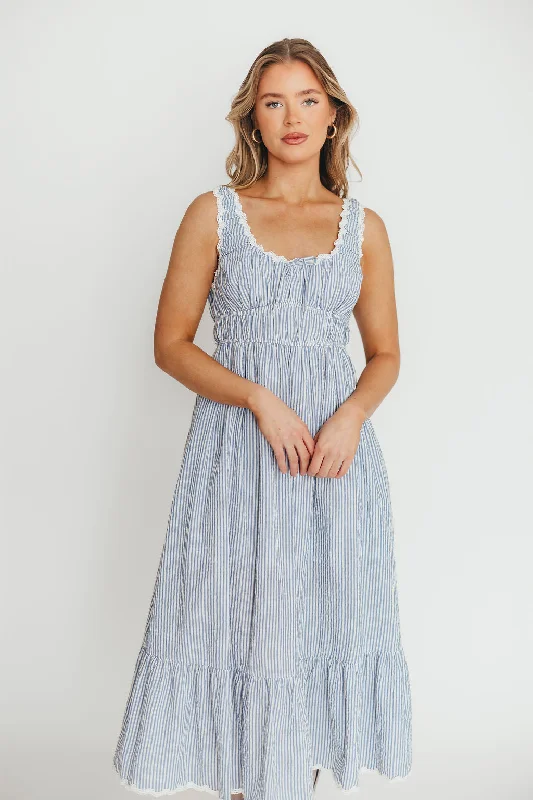 Midi dresses with satin - finish fabrics for a luxurious feel Beverly 100% Cotton Dress in Blue Stripe Midi dresses with satin - finish fabrics for a luxurious feel Beverly 100% Cotton Dress in Blue Stripe
