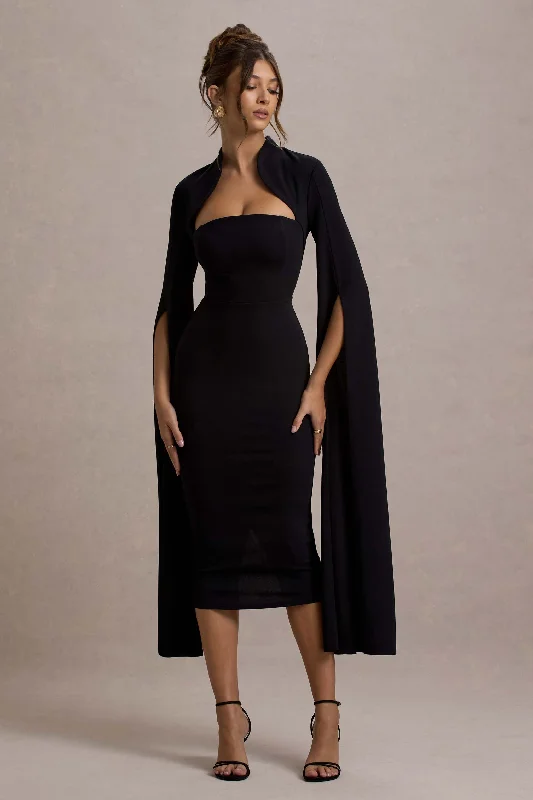 Midi dresses with cold - shoulder cutouts for a trendy style Linden | Black Bodycon Cape-Sleeve Midi Dress Midi dresses with cold - shoulder cutouts for a trendy style Linden | Black Bodycon Cape-Sleeve Midi Dress