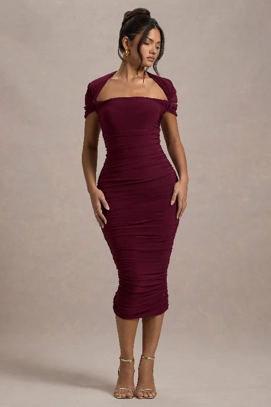 Midi dresses with ruched sleeves for a more fitted and stylish arm look Paxos | Burgundy Ruched Short-Sleeve Midi Dress Midi dresses with ruched sleeves for a more fitted and stylish arm look Paxos | Burgundy Ruched Short-Sleeve Midi Dress
