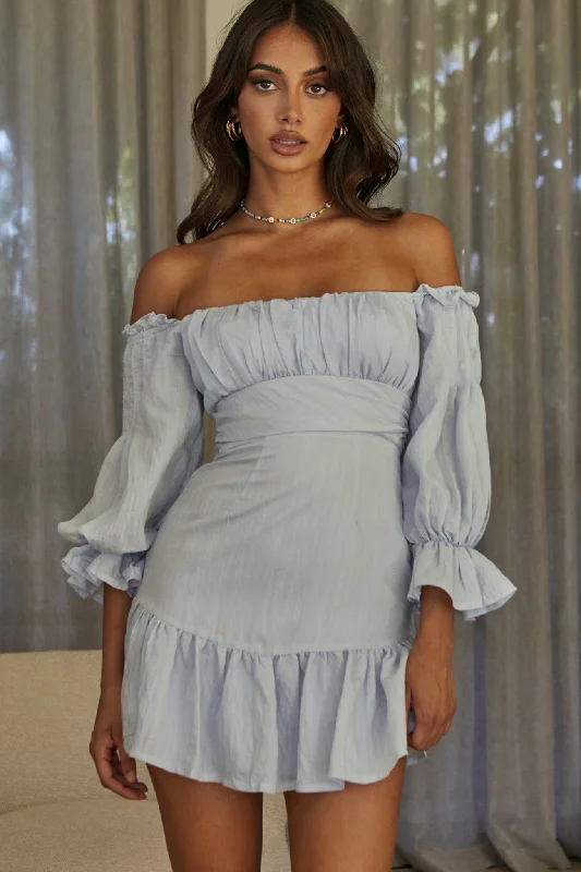 Midi dresses with satin - finish fabrics for a luxurious feel By My Side Off-Shoulder Balloon Sleeve Dress Steel Blue Midi dresses with satin - finish fabrics for a luxurious feel By My Side Off-Shoulder Balloon Sleeve Dress Steel Blue