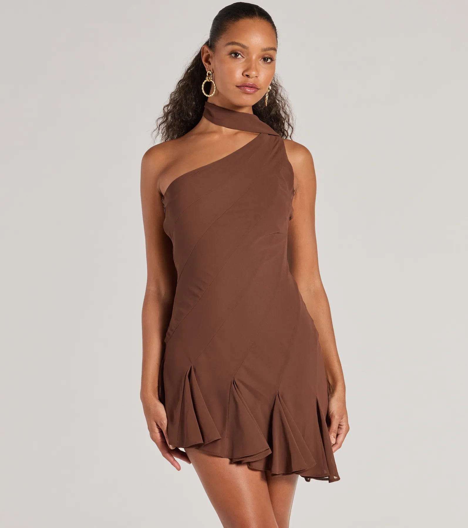 Mini dresses with patchwork designs for a unique style Sleek And Elevated Chiffon Scarf Neck Mini Dress Mini dresses with patchwork designs for a unique style Sleek And Elevated Chiffon Scarf Neck Mini Dress