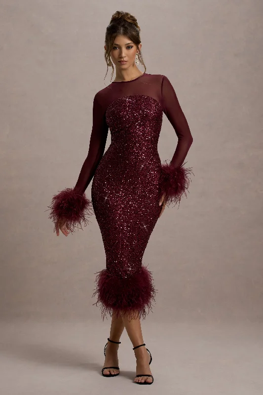 Midi dresses with keyhole backs for a flirty and unexpected detail Afterglow | Port Sequin Long-Sleeve Midi Dress With Feather Trims Midi dresses with keyhole backs for a flirty and unexpected detail Afterglow | Port Sequin Long-Sleeve Midi Dress With Feather Trims