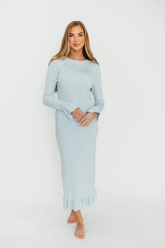 Midi dresses with geometric cutouts for a contemporary and edgy look Mason Bow Tie Sweater Maxi Dress in Sky Blue Midi dresses with geometric cutouts for a contemporary and edgy look Mason Bow Tie Sweater Maxi Dress in Sky Blue