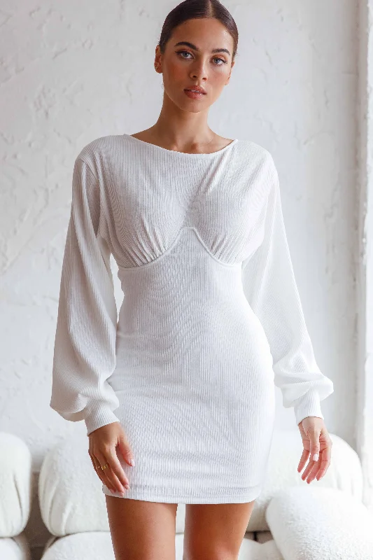 Midi dresses with ruched sleeves for a more fitted and stylish arm look Sammy Long Balloon Sleeve Piping Detail Ribbed Dress White
