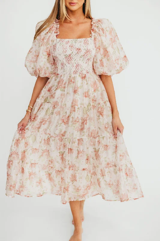 Midi dresses with lace - up fronts for a unique and adjustable style McKenna Puffed Sleeve Tiered Midi Dress in Peach Midi dresses with lace - up fronts for a unique and adjustable style McKenna Puffed Sleeve Tiered Midi Dress in Peach