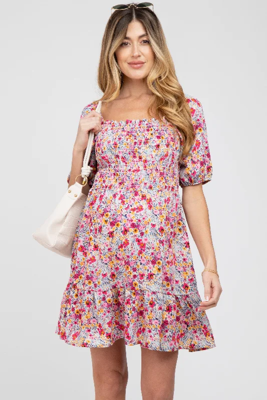 Mini dresses with side slits for a sexy appeal Fuchsia Floral Smocked Maternity Mini Dress Mini dresses with side slits for a sexy appeal Fuchsia Floral Smocked Maternity Mini Dress