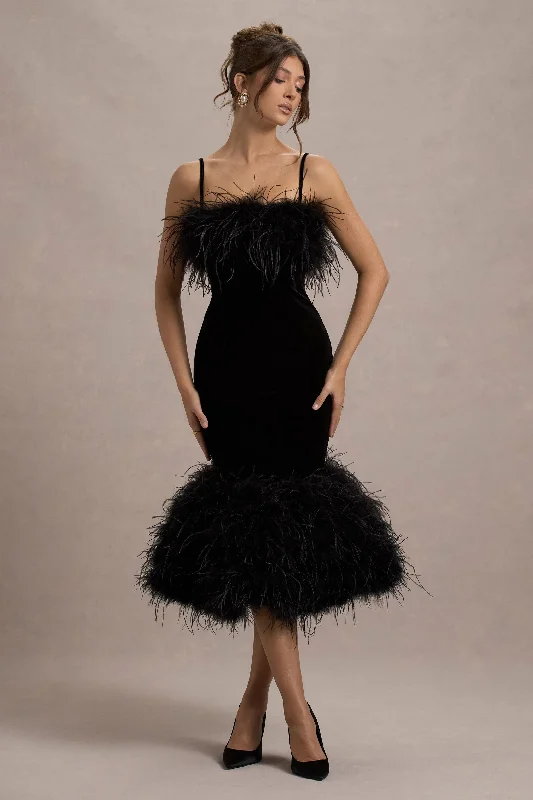Sheath midi dresses with beaded embellishments for a formal occasion Kalena | Black Velvet Feather Trim Midi Dress Sheath midi dresses with beaded embellishments for a formal occasion Kalena | Black Velvet Feather Trim Midi Dress