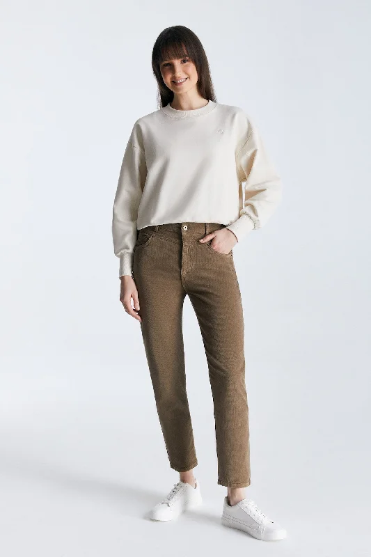 Bell - Bottom Style Women's Denim Pants with Embroidered DetailsVictoria Cord Mid Waist Pants Beige Bell - Bottom Style Women's Denim Pants with Embroidered DetailsVictoria Cord Mid Waist Pants Beige