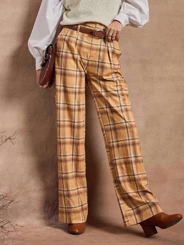 Palazzo Style Women's Printed Trousers in Bohemian PatternsWomen Beige Check High Rise Wide Leg Pants Palazzo Style Women's Printed Trousers in Bohemian PatternsWomen Beige Check High Rise Wide Leg Pants