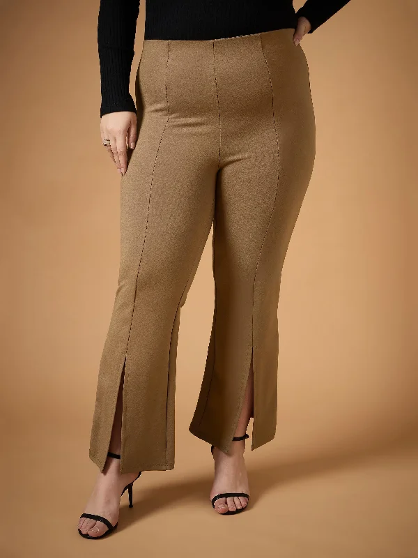 Cigarette Style Women's Printed Linen Blend Pants for Casual DaysWomen Beige Front Slit Detail Bell Bottom Pants Cigarette Style Women's Printed Linen Blend Pants for Casual DaysWomen Beige Front Slit Detail Bell Bottom Pants