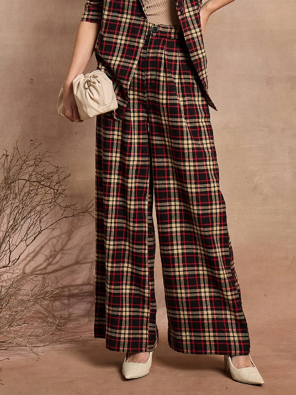 Plus Size Women's Pleated Front Dress Pants for Office WearWomen Black & Beige Check High Rise Wide Leg Pants Plus Size Women's Pleated Front Dress Pants for Office WearWomen Black & Beige Check High Rise Wide Leg Pants