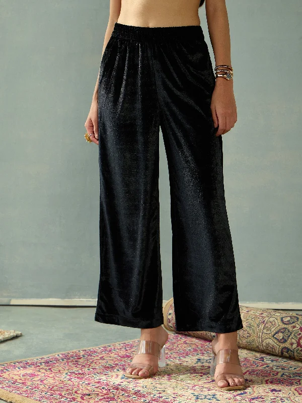Flare Leg Women's Satin Trousers for a Glamorous Night OutWomen Black Velvet Elasticated Pants Flare Leg Women's Satin Trousers for a Glamorous Night OutWomen Black Velvet Elasticated Pants