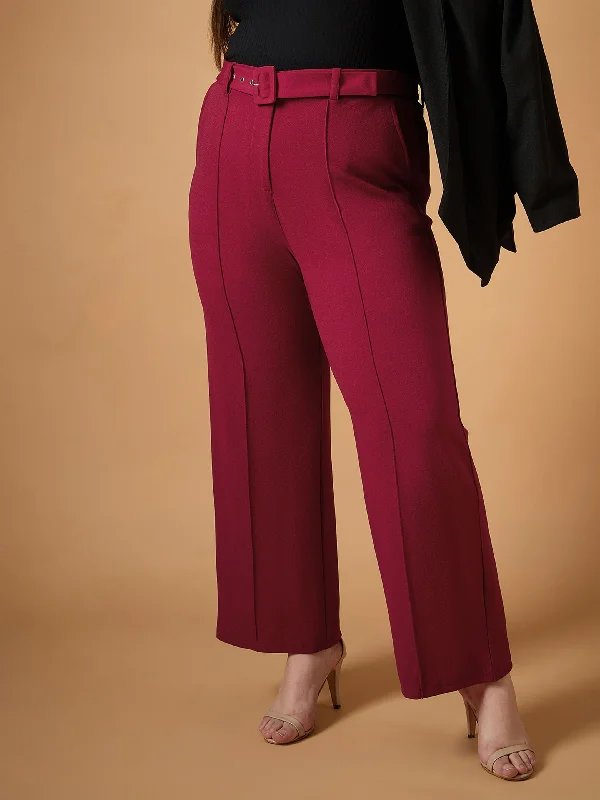 Plus Size Women's Patchwork - Design Jeans for a Unique AppearanceWomen Maroon Belt Detail Straight Pants Plus Size Women's Patchwork - Design Jeans for a Unique AppearanceWomen Maroon Belt Detail Straight Pants