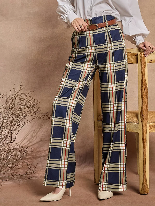 Ankle - Length Women's Printed Joggers for TravelingWomen Navy Blue Check High Rise Wide Leg Pants Ankle - Length Women's Printed Joggers for TravelingWomen Navy Blue Check High Rise Wide Leg Pants