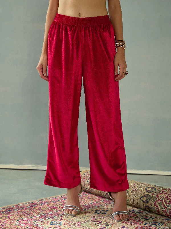 Wide - Leg Women's Chiffon Palazzo Pants for a Flowy AppealWomen Red Velvet Elasticated Pants Wide - Leg Women's Chiffon Palazzo Pants for a Flowy AppealWomen Red Velvet Elasticated Pants