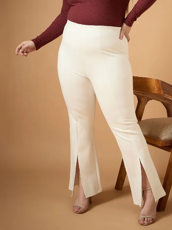 Straight - Leg Women's Vegan Leather Pants for a Chic LookWomen White Front Slit Detail Bell Bottom Pants Straight - Leg Women's Vegan Leather Pants for a Chic LookWomen White Front Slit Detail Bell Bottom Pants
