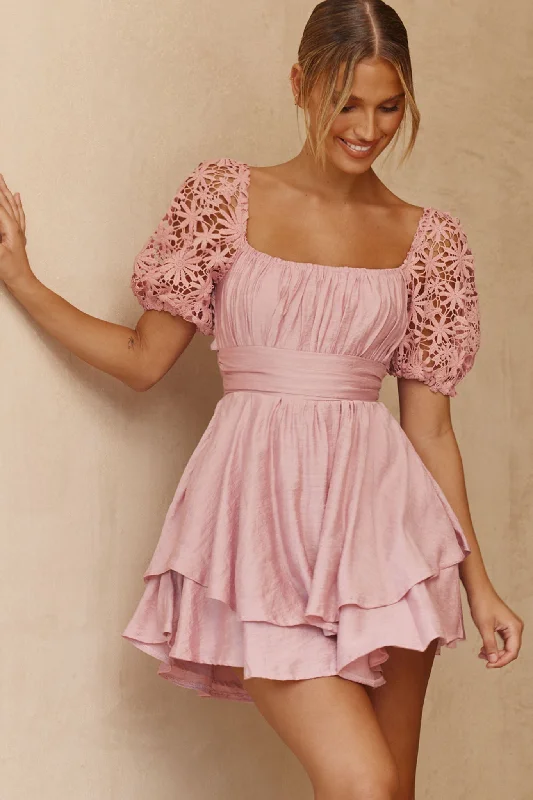 Sleeveless Women Dress in Bright Colors for Summer PartiesAbby Lace Puff Sleeve Tie-Up Back Dress Blush