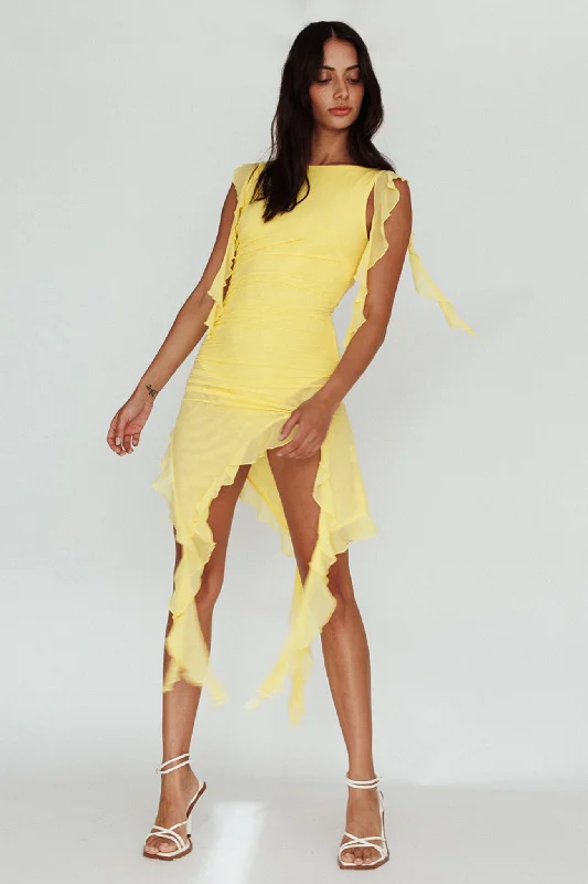 Off - the - Shoulder Women Dress for a Romantic and Feminine LookAfter Party Sleeveless Ruffle Trim Mini Dress Lemon Off - the - Shoulder Women Dress for a Romantic and Feminine LookAfter Party Sleeveless Ruffle Trim Mini Dress Lemon