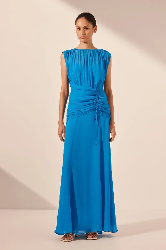 Backless Women Dress for a Sexy and Alluring Look at Evening EventsAMINA HIGH NECK MAXI DRESS - AQUA