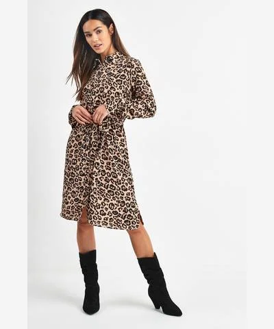 Plus Size Women Dress with a Flattering A - Line Cut for Comfort and StyleAnimal Print Belted Shirt Dress