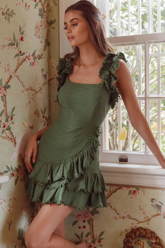 Halter Neck Women Dress to Show Off the Shoulders and NecklineAnnie Ruffle Shoulder Strap Layered Hem Mini Dress Green Halter Neck Women Dress to Show Off the Shoulders and NecklineAnnie Ruffle Shoulder Strap Layered Hem Mini Dress Green