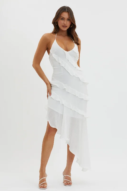 Strapless Women Dress with a Built - in Bra for Comfort and SupportArrabel Tiered Ruffle Asymmetric Midi Dress White Strapless Women Dress with a Built - in Bra for Comfort and SupportArrabel Tiered Ruffle Asymmetric Midi Dress White