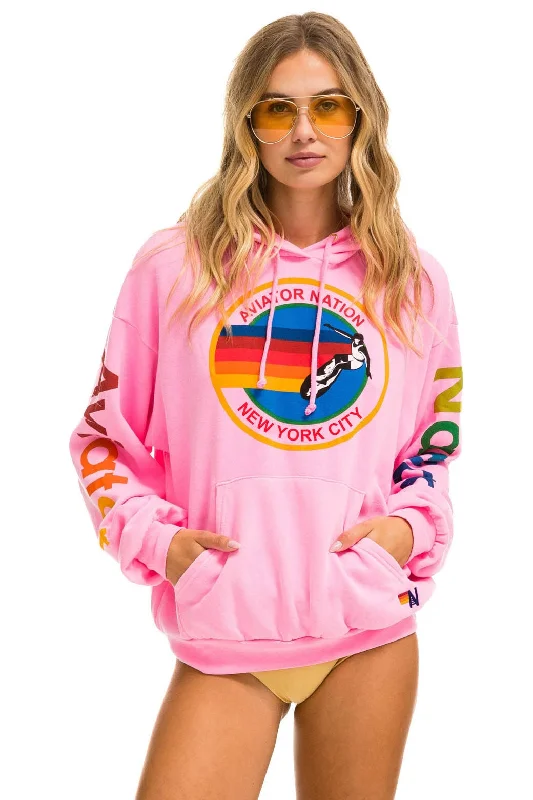Women's cropped sweatshirt with a lace - trimmed hem for a romantic lookAVIATOR NATION NEW YORK CITY RELAXED PULLOVER HOODIE - NEON PINK Women's cropped sweatshirt with a lace - trimmed hem for a romantic lookAVIATOR NATION NEW YORK CITY RELAXED PULLOVER HOODIE - NEON PINK