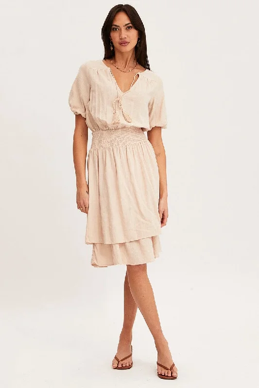 Shift Women Dress with a Simple and Classic Design for Everyday WearBeige Midi Dress Short Sleeve V Neck