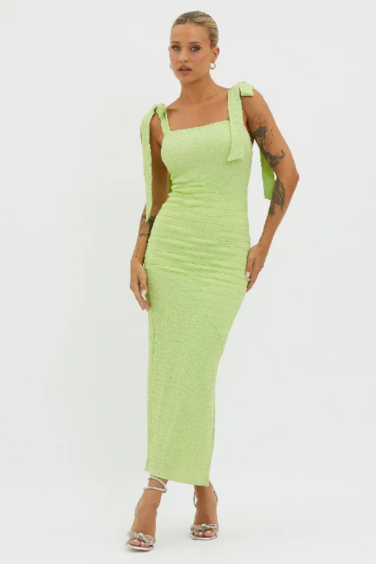 Empire Waist Women Dress to Accentuate the Bust and Conceal the WaistBindi Puckered Tied Strap Dress Green