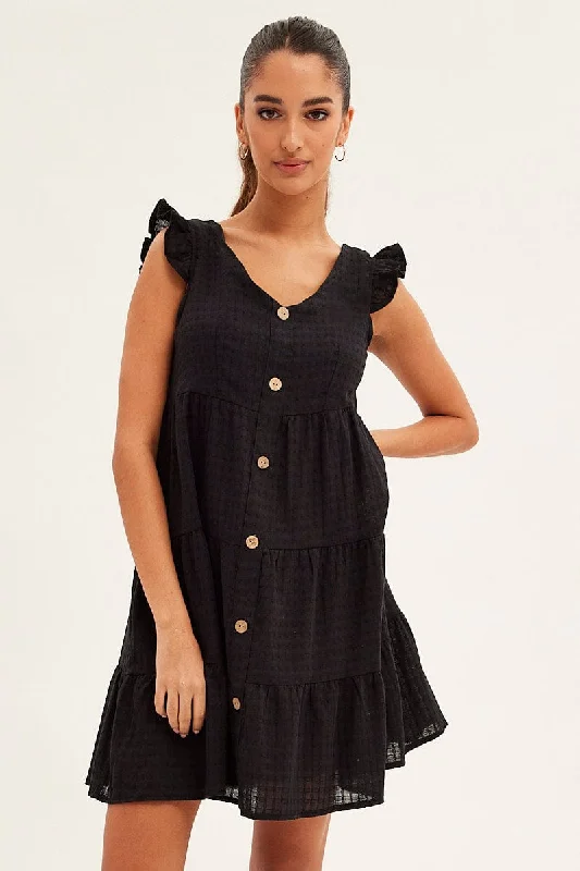 Off - the - Shoulder Women Dress for a Romantic and Feminine LookBlack Button Front Mini Swing Dress