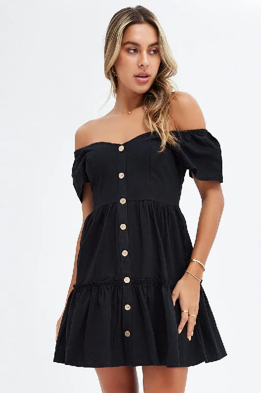 Maxi Women Dress with Floral Print for a Bohemian VibeBlack Button Front Mini Swing Dress Maxi Women Dress with Floral Print for a Bohemian VibeBlack Button Front Mini Swing Dress