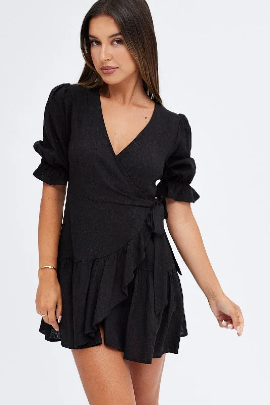 Wrap - Style Women Dress with Adjustable Fit for All Body TypesBlack Fit And Flare Dress Puff Sleeve Linen Blend Wrap - Style Women Dress with Adjustable Fit for All Body TypesBlack Fit And Flare Dress Puff Sleeve Linen Blend