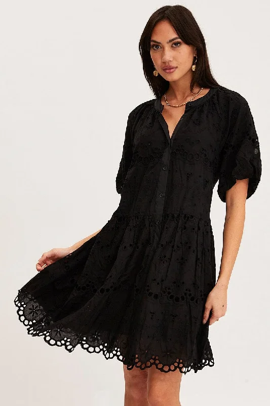 Ruffled Women Dress with Multiple Layers for a Playful and Girly StyleBlack Fit And Flare Dress Short Sleeve V Neck