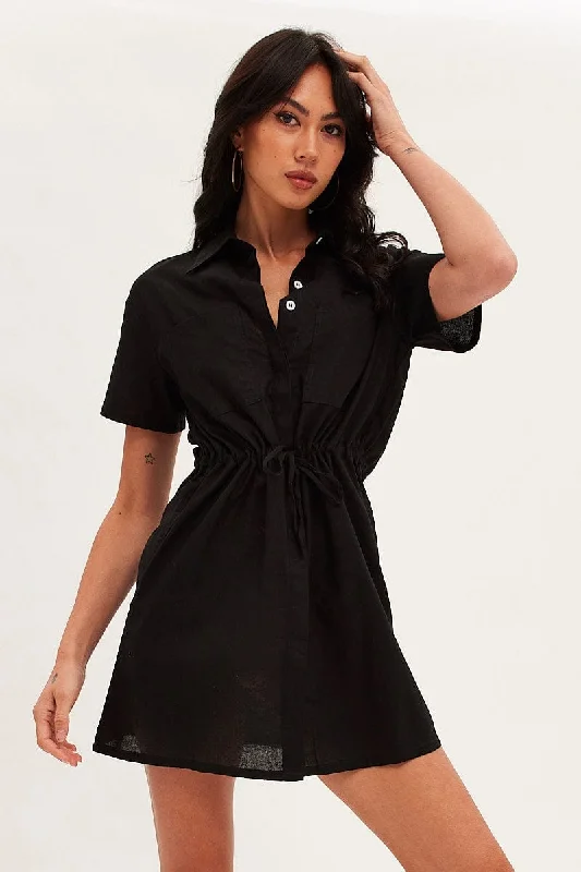 Printed Abstract Women Dress for a Modern and Artistic AppealBlack Shirt Dress Pocket Short Sleeve Button Front