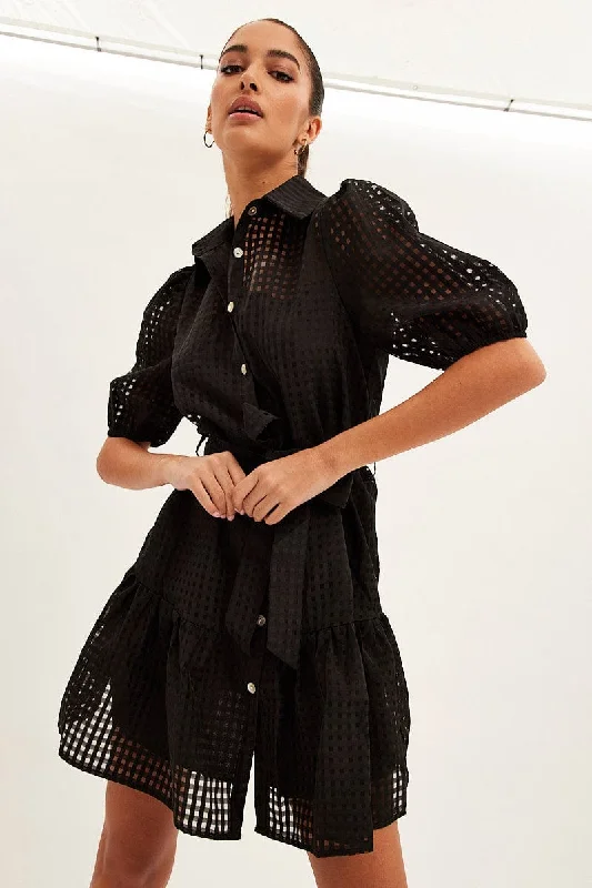 Wrap - Style Women Dress with Adjustable Fit for All Body TypesBlack Shirts Dress Collard Half Sleeve Mini Dress