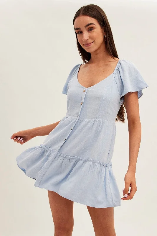 Lace - Embellished Women Dress for an Elegant and Sophisticated AppearanceBlue Dress Square Neck Short Sleeve Tiered Button Front