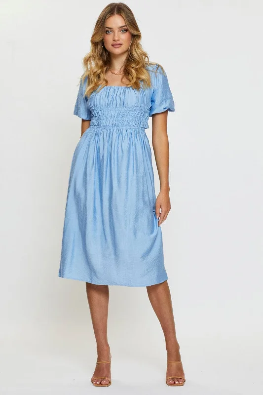 Wrap - Style Women Dress with Adjustable Fit for All Body TypesBlue Midi Dress Short Sleeve Square Neck