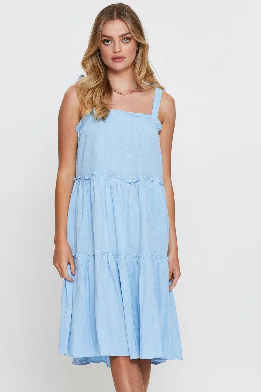 Empire Waist Women Dress to Accentuate the Bust and Conceal the WaistBlue Midi Dress Sleeveless Tie Shoulder
