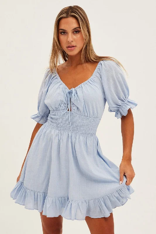 Off - the - Shoulder Women Dress for a Romantic and Feminine LookBlue Mini Dress Fit & Flare Puff Sleeve V-Neck