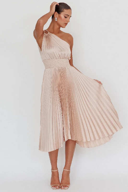 Mermaid - Style Women Dress with a Fitted Silhouette for Special OccasionsCalissa One Shoulder Pleated Midi Dress Champagne Mermaid - Style Women Dress with a Fitted Silhouette for Special OccasionsCalissa One Shoulder Pleated Midi Dress Champagne