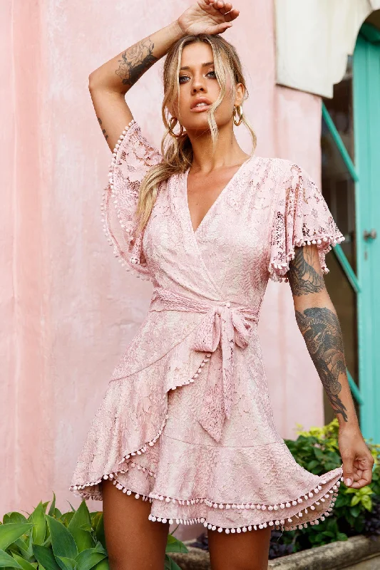 Ruffled Women Dress with Multiple Layers for a Playful and Girly StyleCami Angel Sleeve Faux Wrap Dress Lace Blush