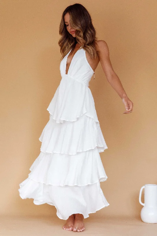 Halter Neck Women Dress to Show Off the Shoulders and NecklineCatalina Tiered Ruffle Maxi Dress White Halter Neck Women Dress to Show Off the Shoulders and NecklineCatalina Tiered Ruffle Maxi Dress White